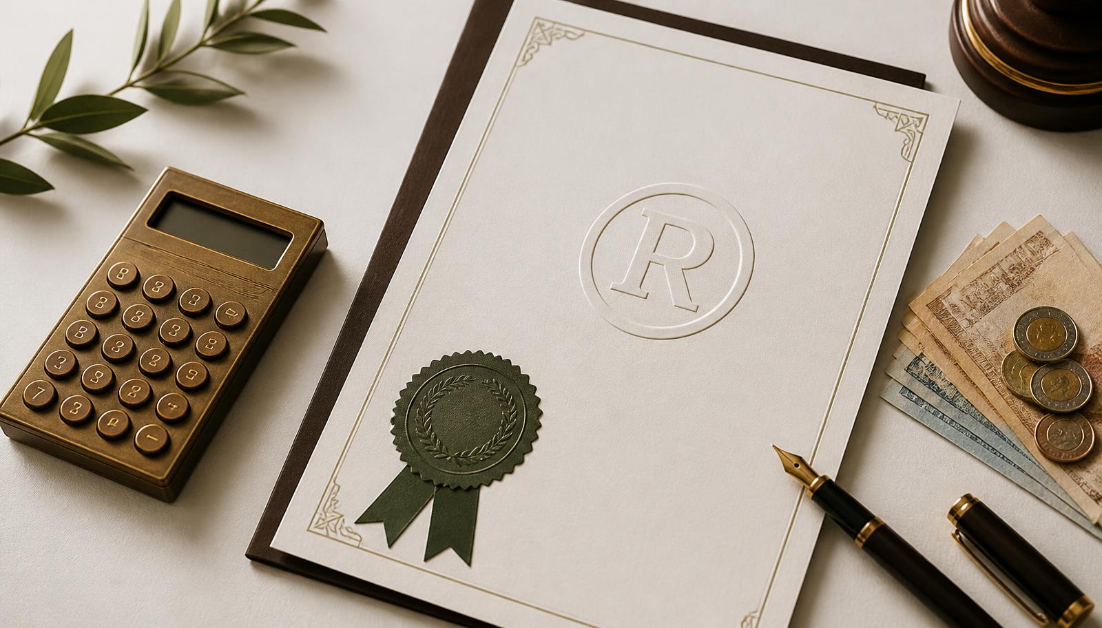 Certificado de registro de marca com selo oficial, calculadora e cédulas de Real sobre mesa, representando os custos do registro de marca no INPI